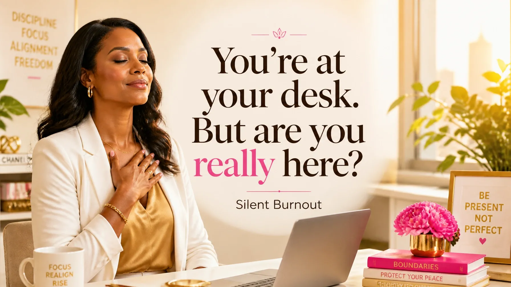 A professional pauses at her desk for a mindful breath